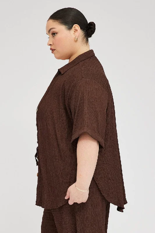 Brown Relaxed Shirt Short Sleeve Textured