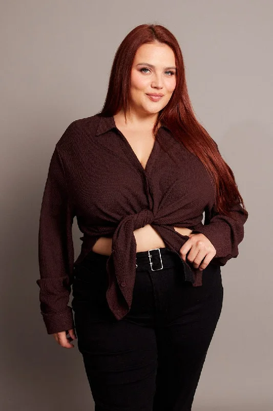 Brown Textured Shirt Long Sleeve V-neck