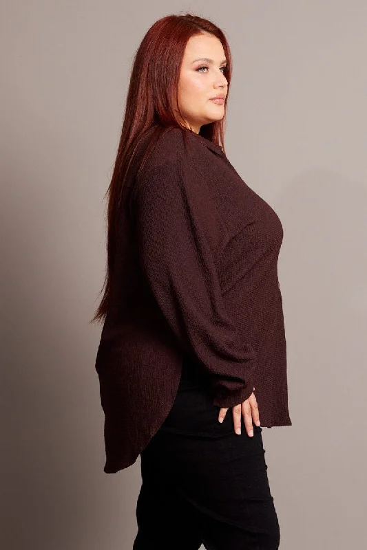 Brown Textured Shirt Long Sleeve V-neck