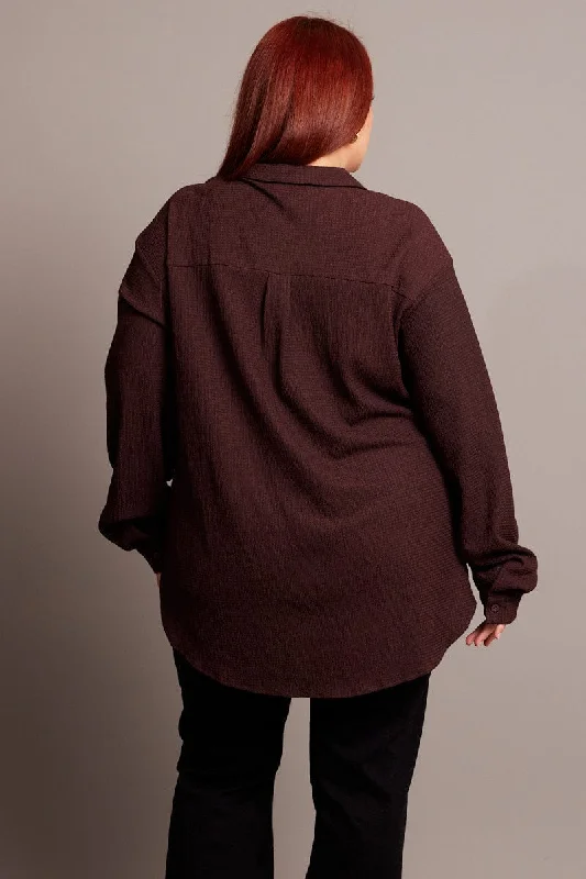 Brown Textured Shirt Long Sleeve V-neck