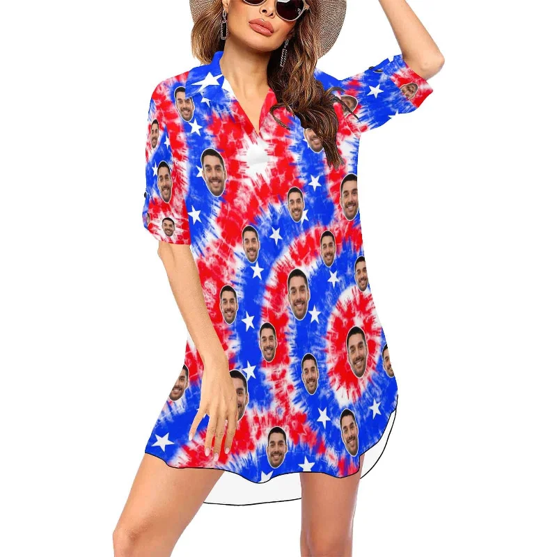 Custom Face Colorful Red&Blue Chiffon Shirt Thin Dress Cover Up Personalized Women's V-Neck Bikini Beach Tunic Top