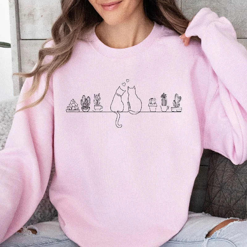 Cats and Plants Sweatshirt - Hand-Embroidered Design for Cat Moms and Dads, ES010