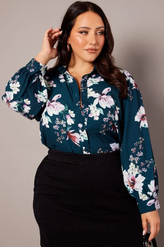 Green Floral Chiffon Shirt Long Sleeve