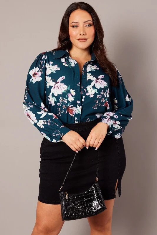 Green Floral Chiffon Shirt Long Sleeve