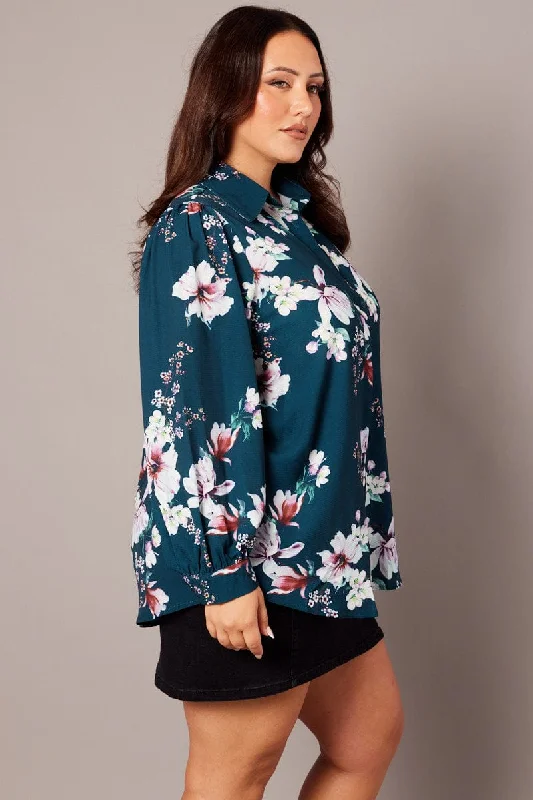 Green Floral Chiffon Shirt Long Sleeve