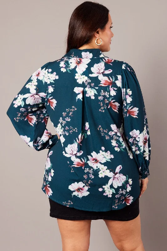 Green Floral Chiffon Shirt Long Sleeve