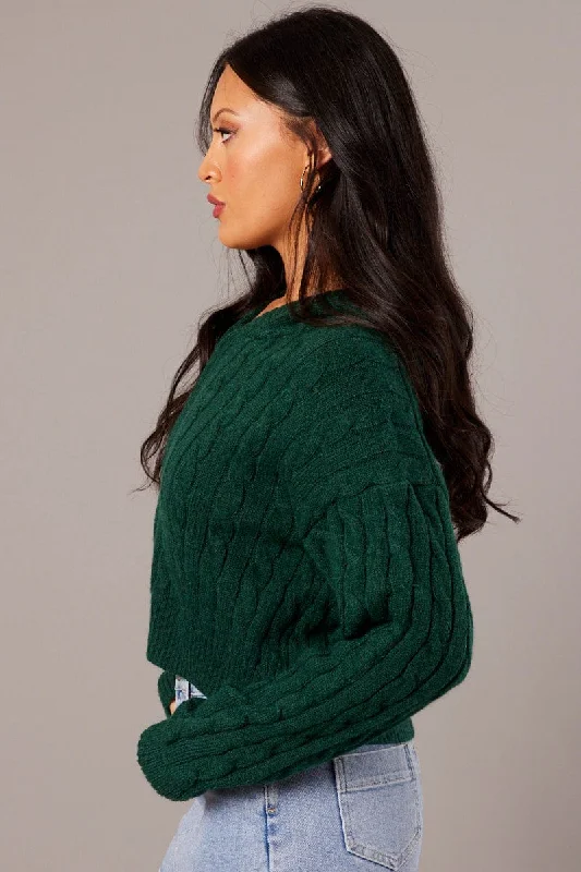 Green Hooded Cardigan Long Sleeve Cable Knit Zip Up