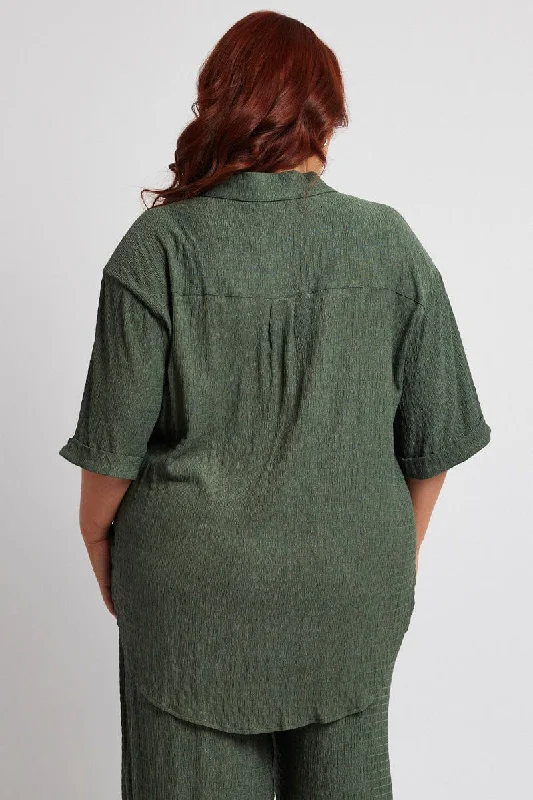 Green Relaxed Shirt Short Sleeve Textured