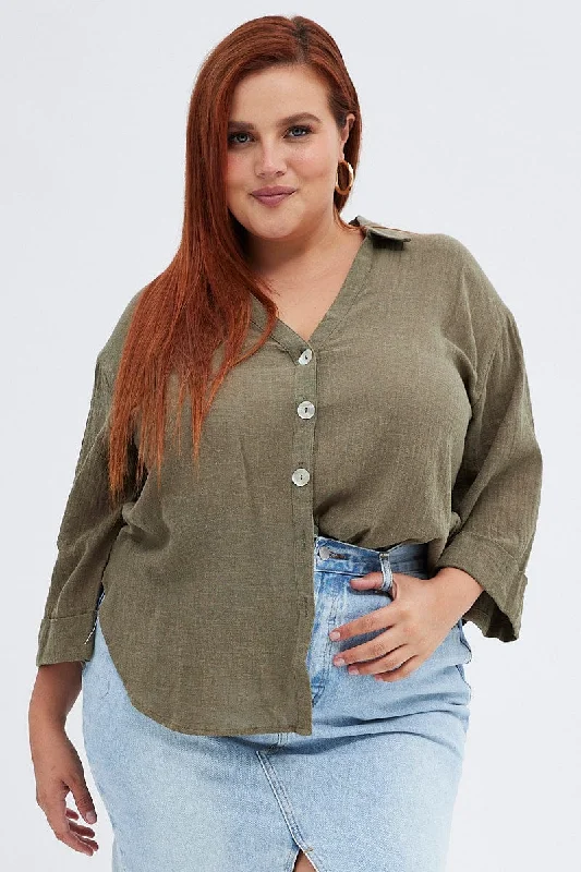 Green Relaxed Shirt Three Quarter Sleeve V-neck