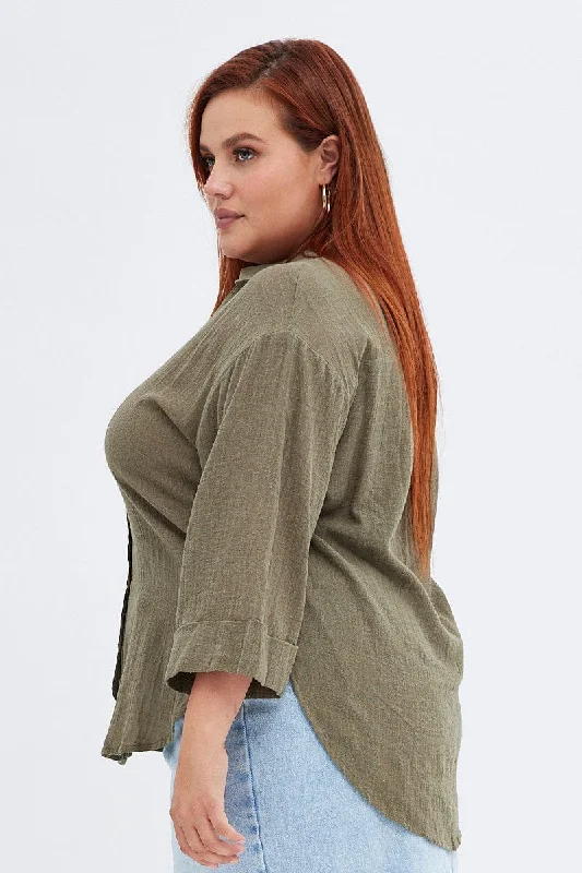 Green Relaxed Shirt Three Quarter Sleeve V-neck