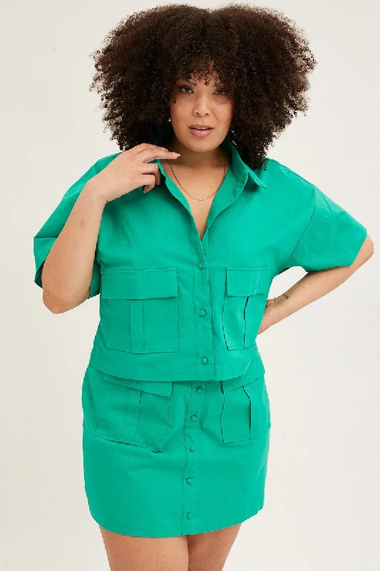 Green Short Sleeve Pocket Crop Shirts