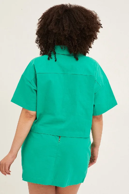 Green Short Sleeve Pocket Crop Shirts