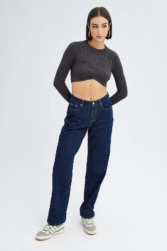 Grey Knit Top Long Sleeve Crop