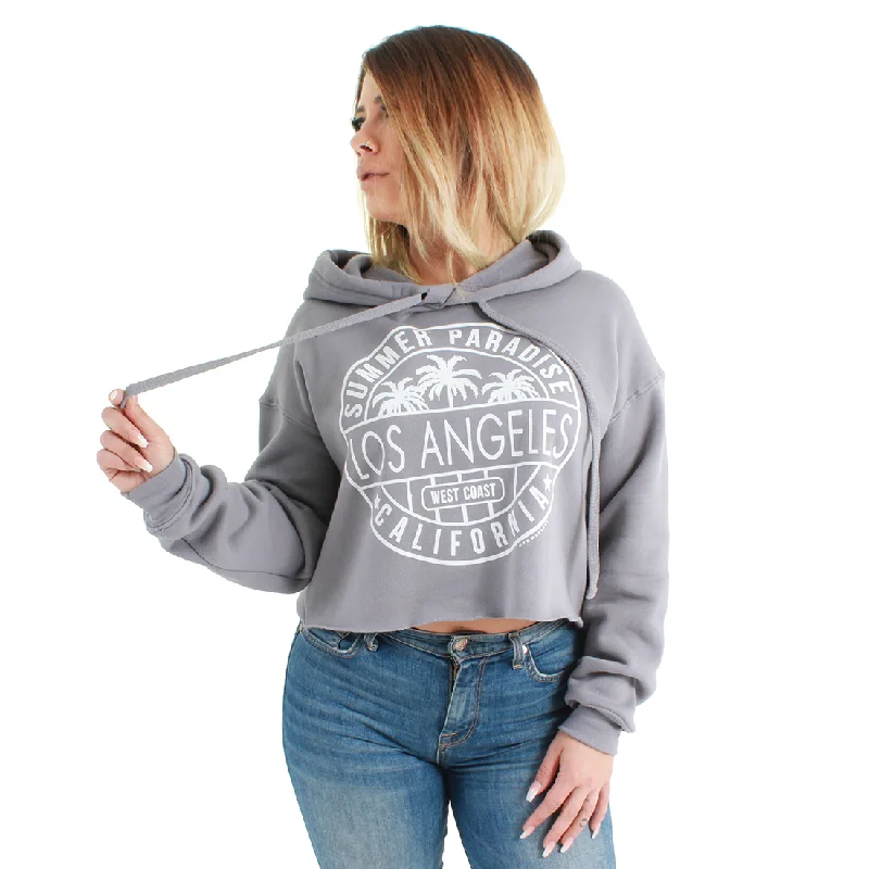 Los Angeles Circle Print Cropped Hoodie Grey