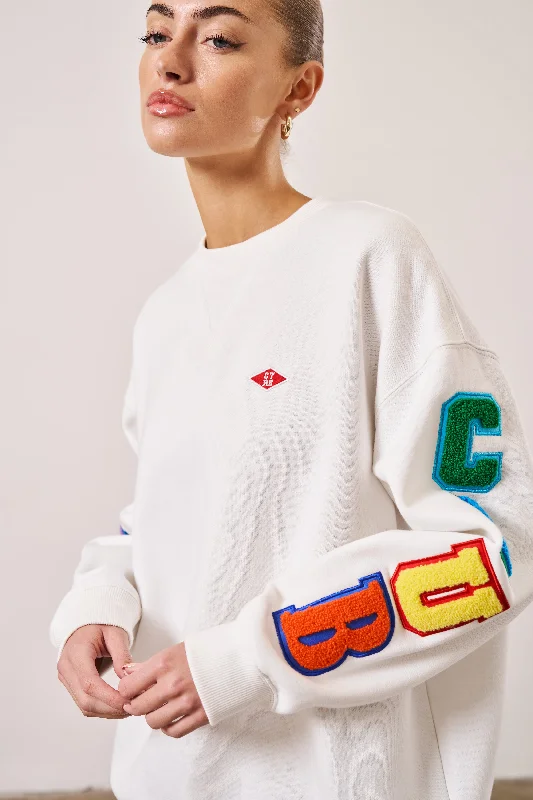 MULTIBADGED CHENILLE RELAXED SWEATSHIRT - OFF WHITE