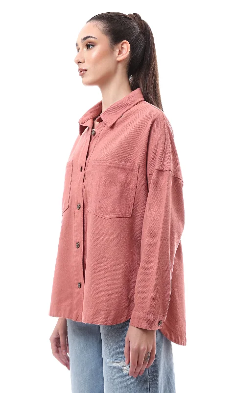 O172038 Coral Pink Gabardine Shirt With Side Slits