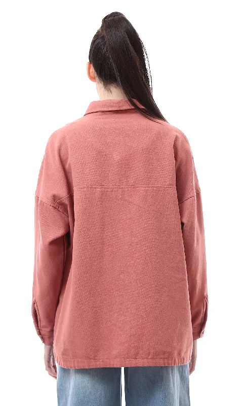 O172038 Coral Pink Gabardine Shirt With Side Slits