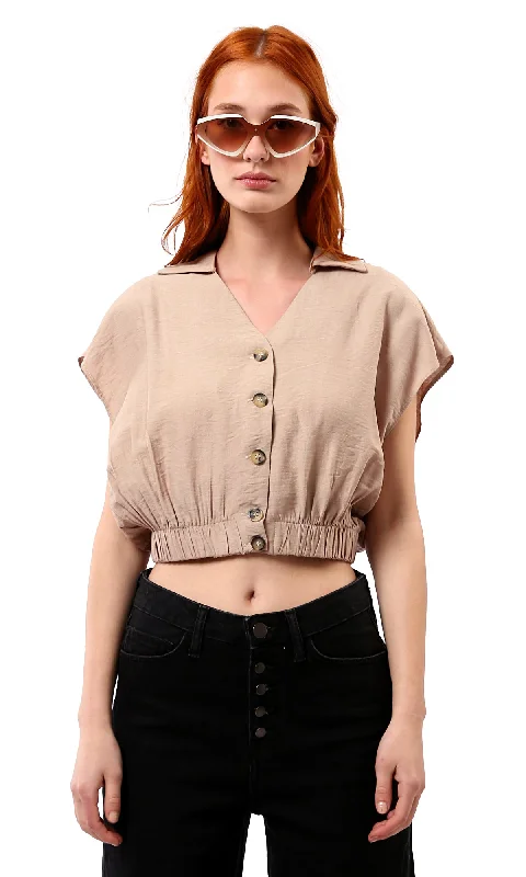 O179142 Light Coffee Cap Sleeves Buttoned Shirt With Hem