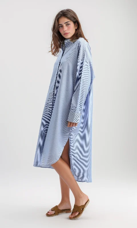 O179189 Casual Striped Blue Textured Summer Shirt Dress With Band Neck