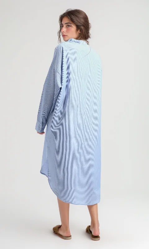 O179189 Casual Striped Blue Textured Summer Shirt Dress With Band Neck