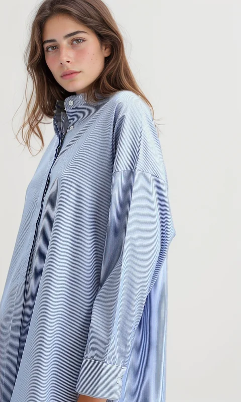 O179189 Casual Striped Blue Textured Summer Shirt Dress With Band Neck