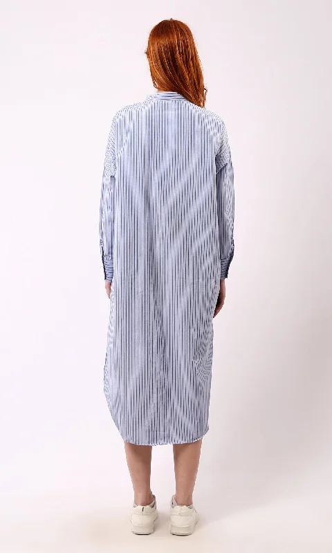 O179190 Light Blue Striped Shirt Dress With Mandarin Collar