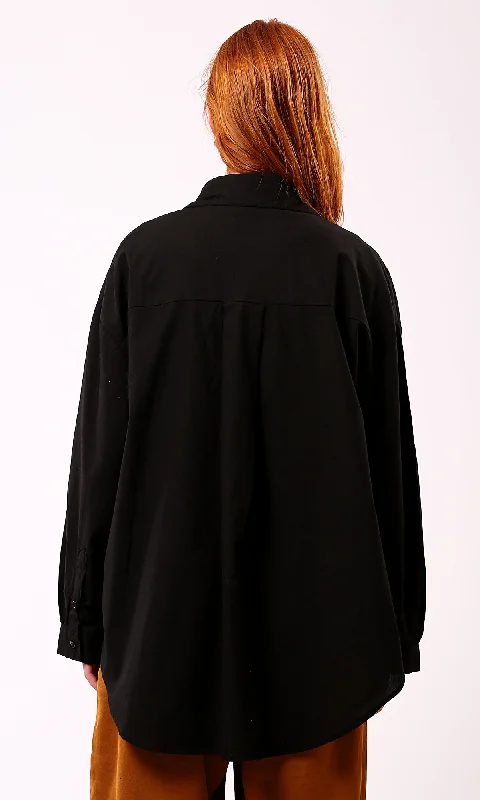 O179206 Loose Fit Black Long Shirt With Front Pockets