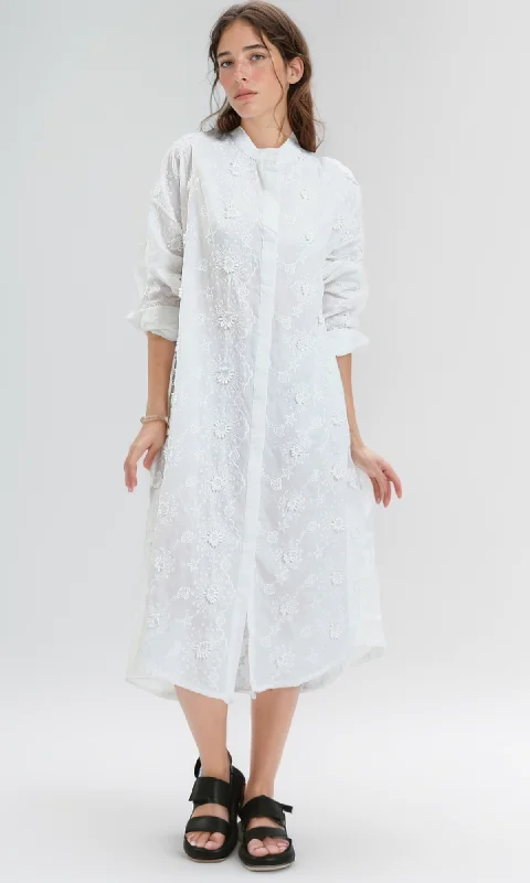 O189711 Casual Off-White Textured Summer Shirt Dress