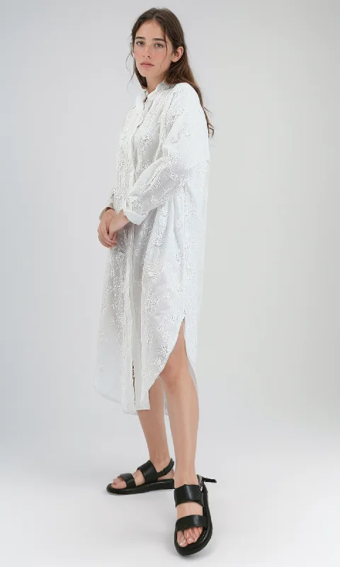 O189711 Casual Off-White Textured Summer Shirt Dress