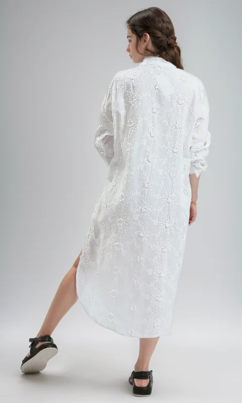 O189711 Casual Off-White Textured Summer Shirt Dress