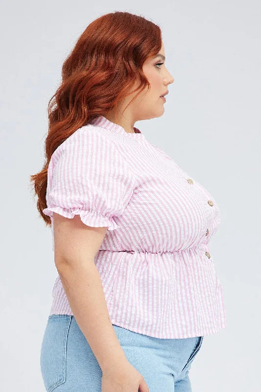 Pink Stripe Shirt Short Sleeve Banded Collar Elastic Waist