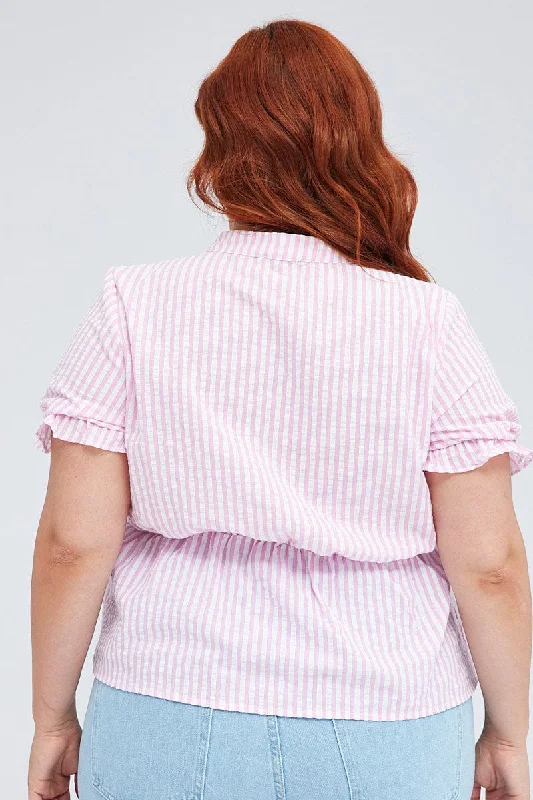 Pink Stripe Shirt Short Sleeve Banded Collar Elastic Waist