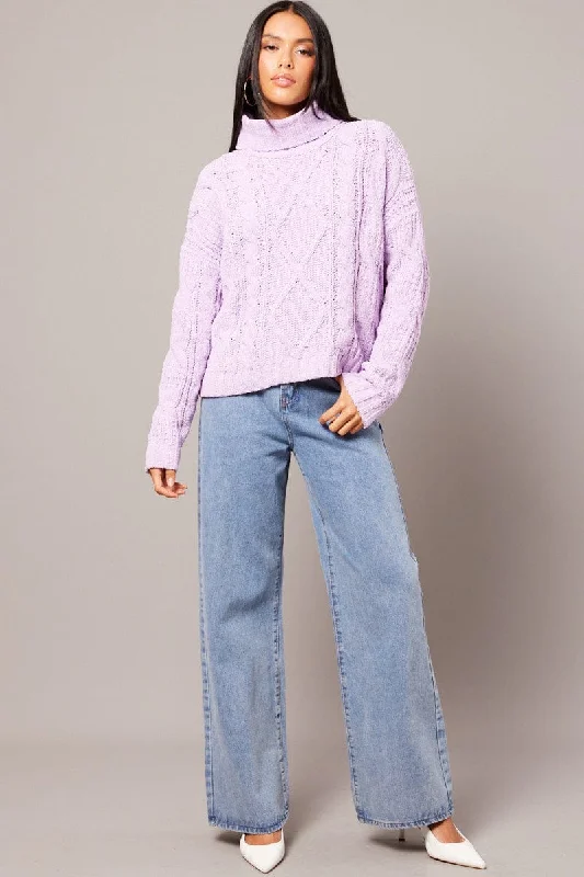 Purple Cable Knit Jumper High Neck