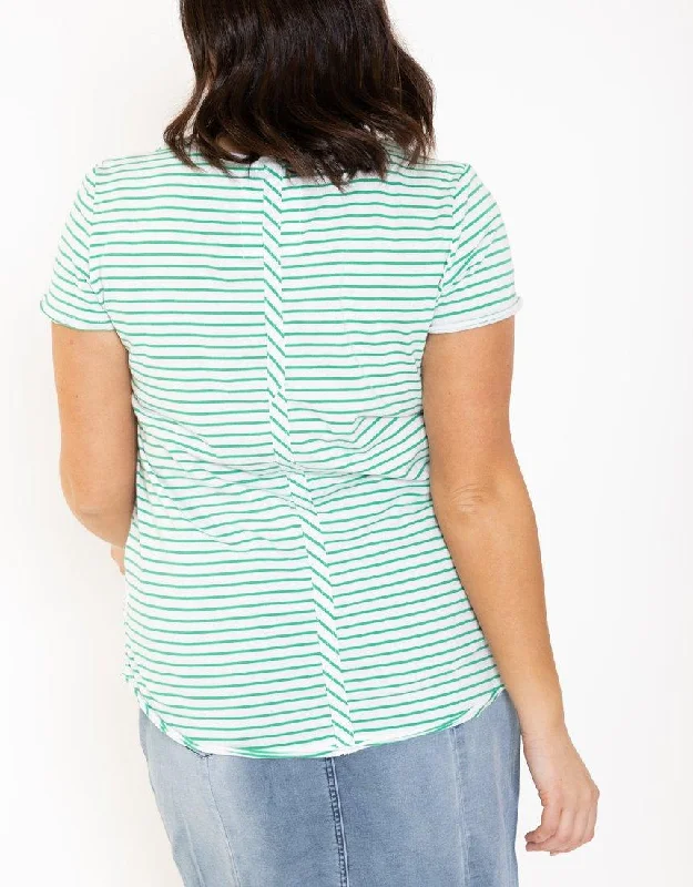 Remi Stripe Vee Tee - White/Green Stripe