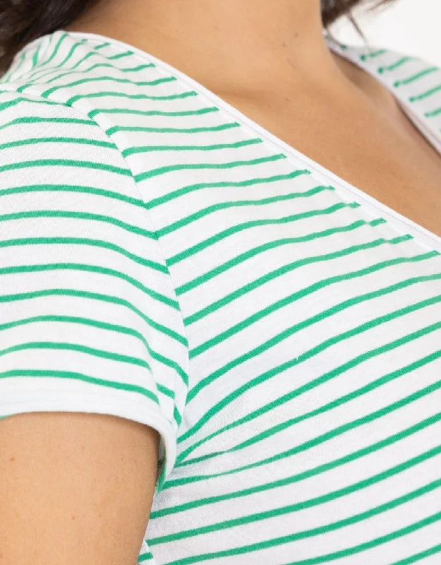 Remi Stripe Vee Tee - White/Green Stripe