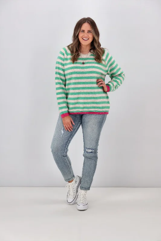 Shine On Label Georgie Striped Colour Pop Jumper Green Oatmeal Stripe