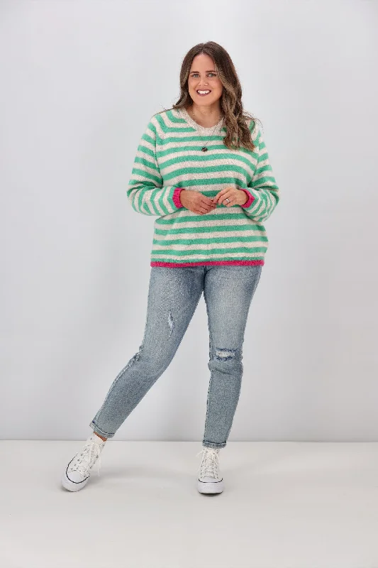 Shine On Label Georgie Striped Colour Pop Jumper Green Oatmeal Stripe