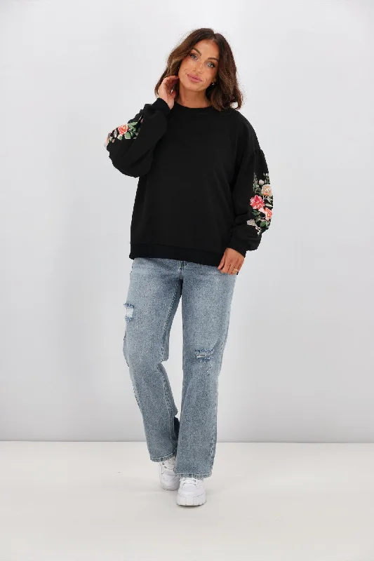 Shine On Label Rosetta Embroidered Sleeve Crew Black