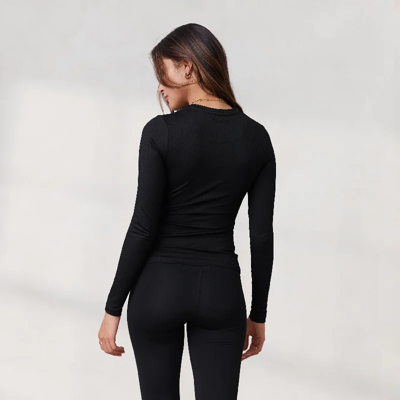 Signature Ribbed Long Sleeve Zip-Up Top - Black