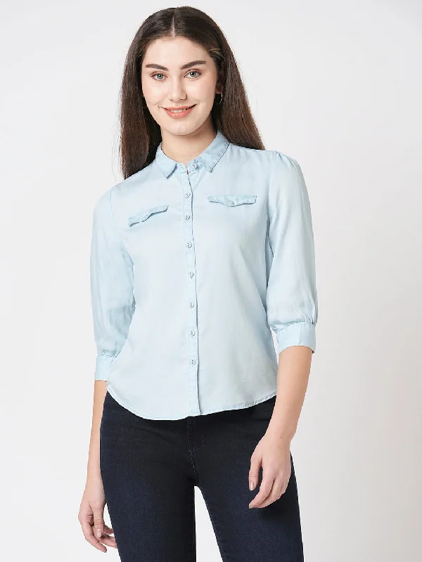 Women Slim Fit Light Blue Casual Shirt