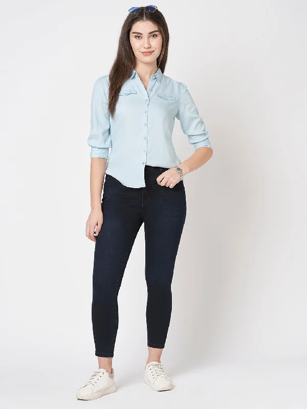 Women Slim Fit Light Blue Casual Shirt