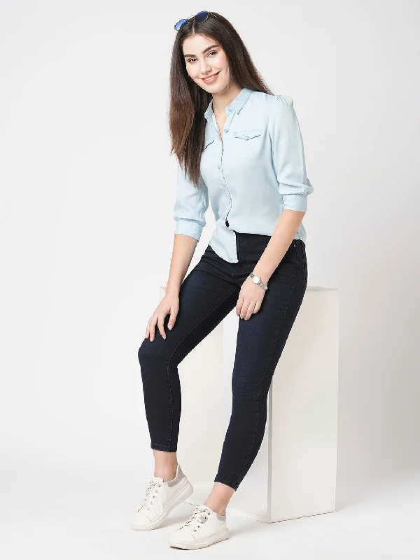 Women Slim Fit Light Blue Casual Shirt