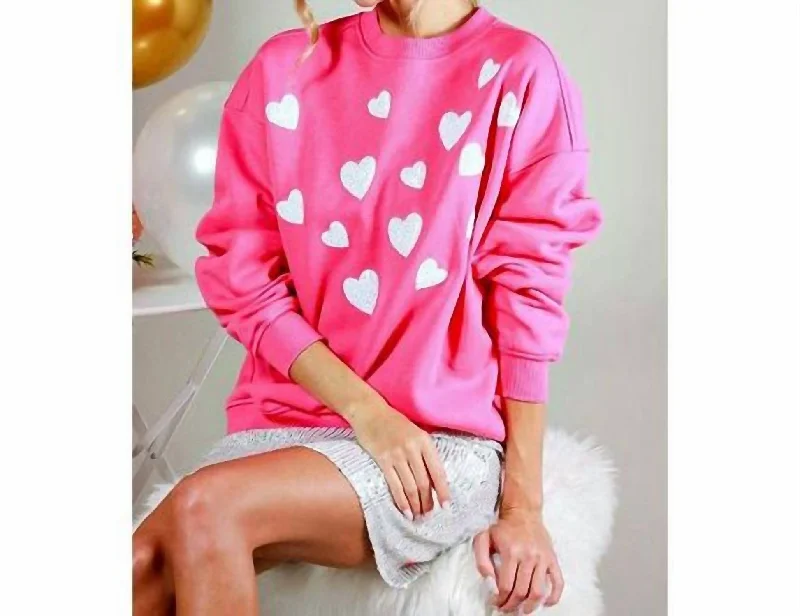 Sweatshirt With White Sequin Hearts In Pink