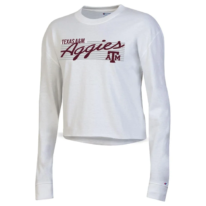 Texas A&M Long Sleeved Crop Boyfriend Tee - White (PMD)