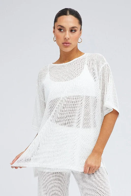 White Oversized Knit Top Short Sleeve Crew Neck