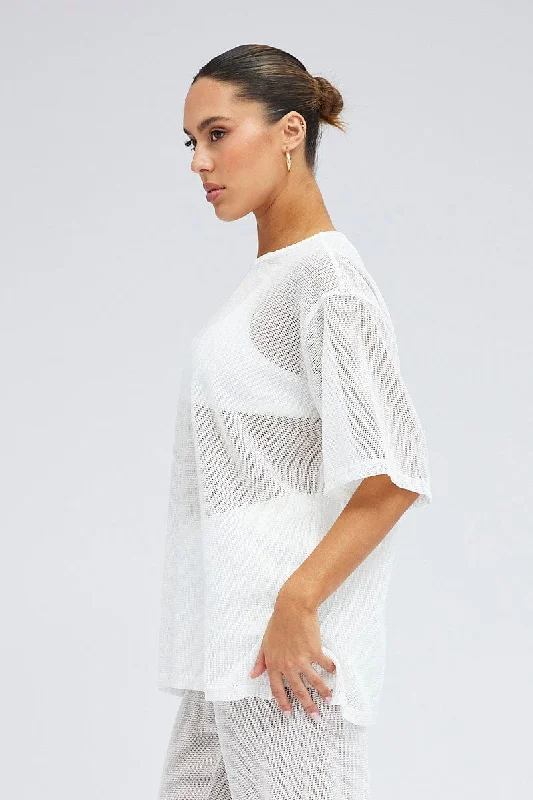 White Oversized Knit Top Short Sleeve Crew Neck