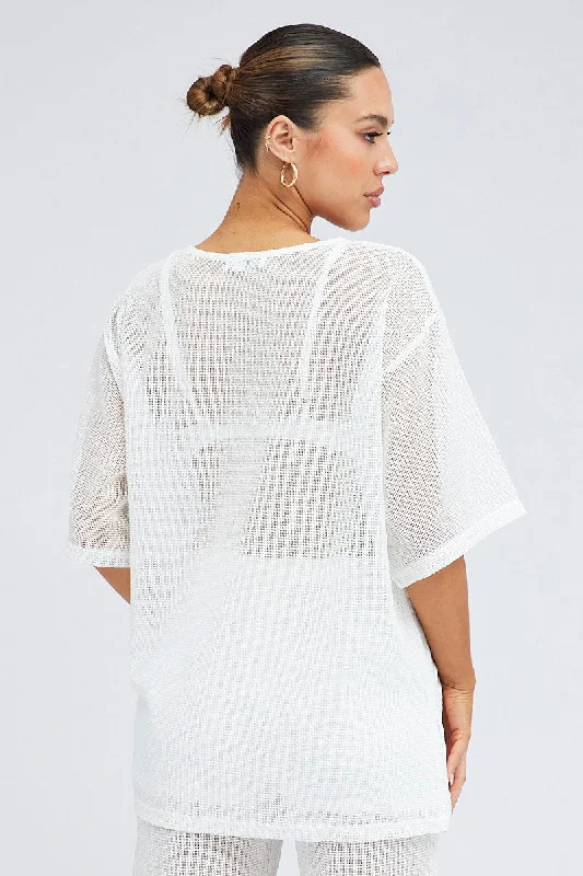 White Oversized Knit Top Short Sleeve Crew Neck