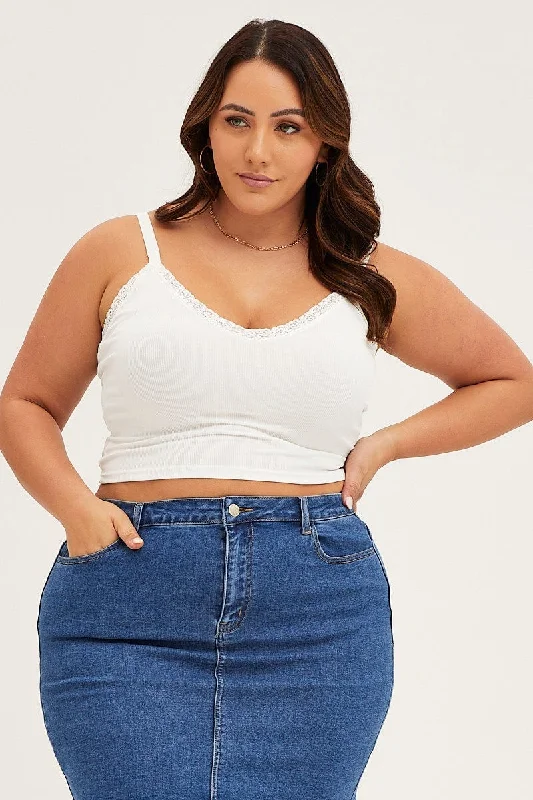 White V-neck Lace Trim Crop Singlet Top