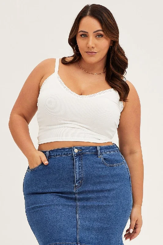 White V-neck Lace Trim Crop Singlet Top