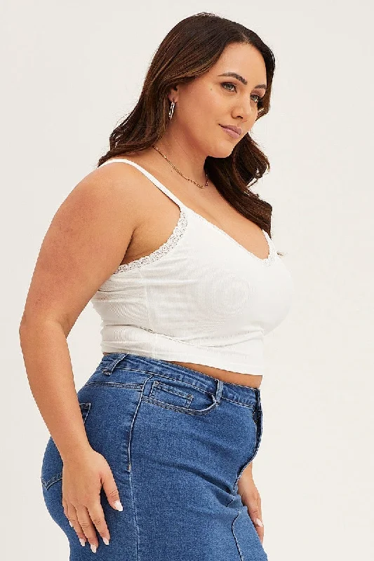 White V-neck Lace Trim Crop Singlet Top